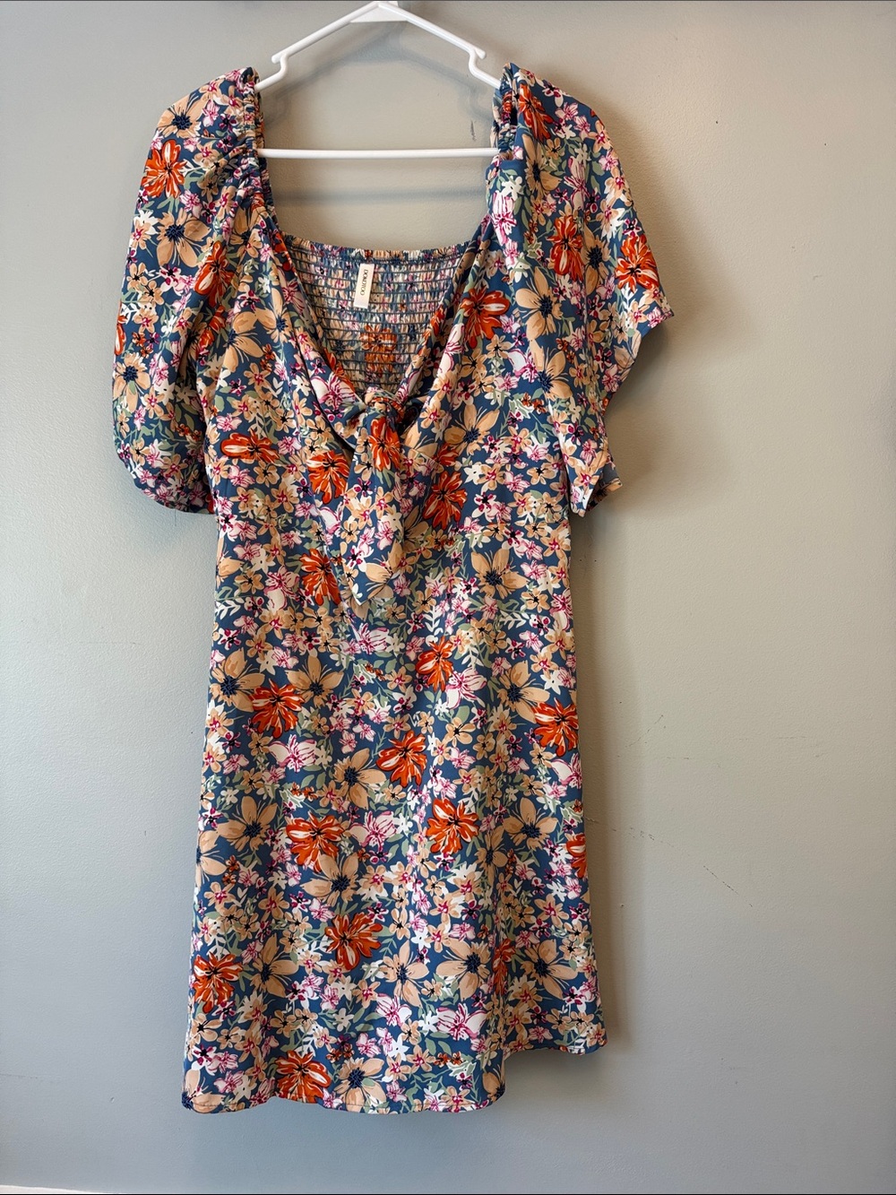 Floral Tie-Front Midi Dress with Coral Accents
